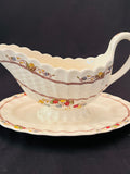 Vintage Spode Copeland Gravy Boat with Attached Underplate, Spodes Cowslip Pattern, 1930's, Floral Basketweave, Made in England, Replacement flower spore