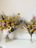 Mustard Yellow Billy Balls Bouquet, Dried Craspedia & White Roses, Gold Wedding Flowers, Summer Wildflower Arrangement, Boho Bridesmaid Kit Bouquet