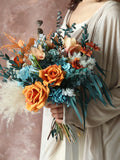 Blue and Orange Silk Roses, Wedding bouquet Boho wedding bouquet with Green preserved Eucalyptus leaves,Bridal Pampas Rustic wedding flowers silk flower