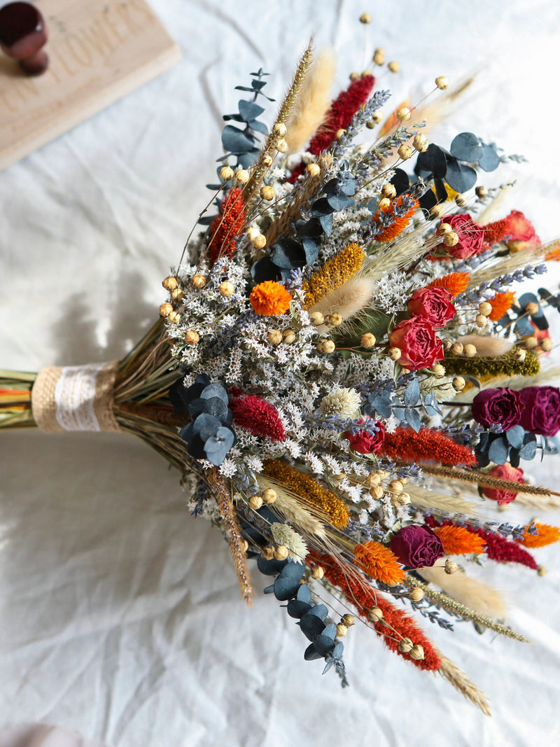 Orange Dried Flower Bouquet, Boho Bridal Arrangement Bouquet