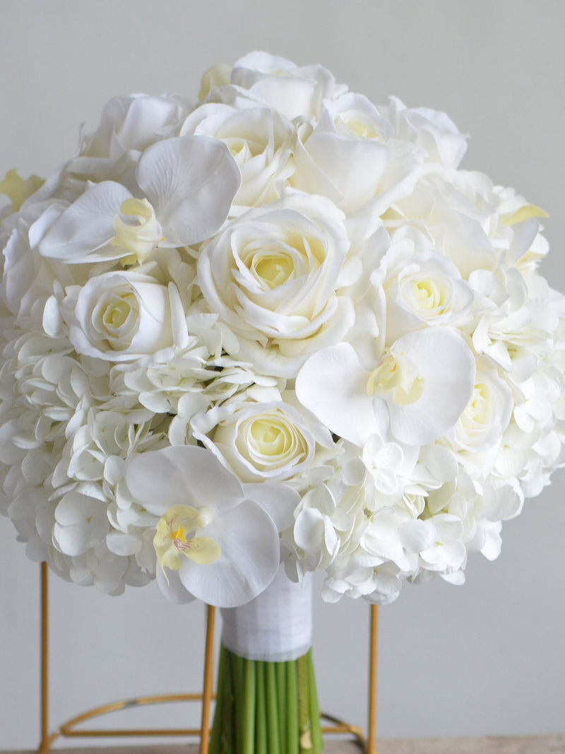 12" Faux Ivory Real Touch Roses White Orchids Hydrangeas Bridal Bouquet, Cream White Wedding Bouquets, Fake Flowers Boutonniere Corsage Bouquet