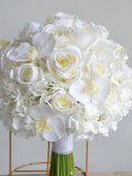 12" Faux Ivory Real Touch Roses White Orchids Hydrangeas Bridal Bouquet, Cream White Wedding Bouquets, Fake Flowers Boutonniere Corsage Bouquet