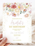 Floral First Birthday Invitation | Editable Garden Floral Invite|Printable Wildflower 1st Birthday|Girls Birthday Invitation Template, W01 birthday flower