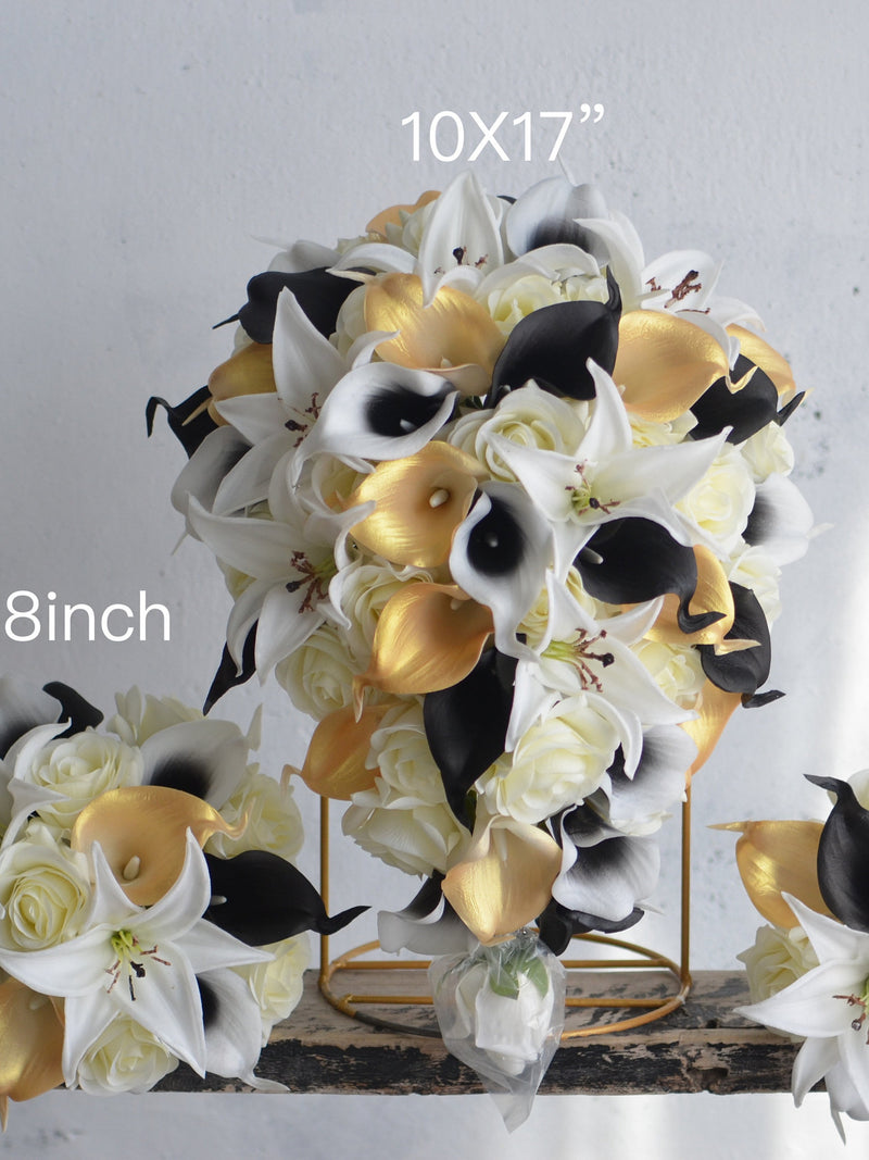 Faux Flowers Bouquet, Black Gold White Bridal Bouquets,  Real Touch Artificial Roses, Calla Lilies, Tiger Lily, Wedding Boutonnieres Corsage Bouquet