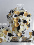 Faux Flowers Bouquet, Black Gold White Bridal Bouquets,  Real Touch Artificial Roses, Calla Lilies, Tiger Lily, Wedding Boutonnieres Corsage Bouquet