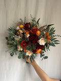 Bridal bouquet with burgundy and rust orange flowers, burgundy and terracotta bridesmaids bouquet, terracotta fake bouquet, silk bouquets Bouquet
