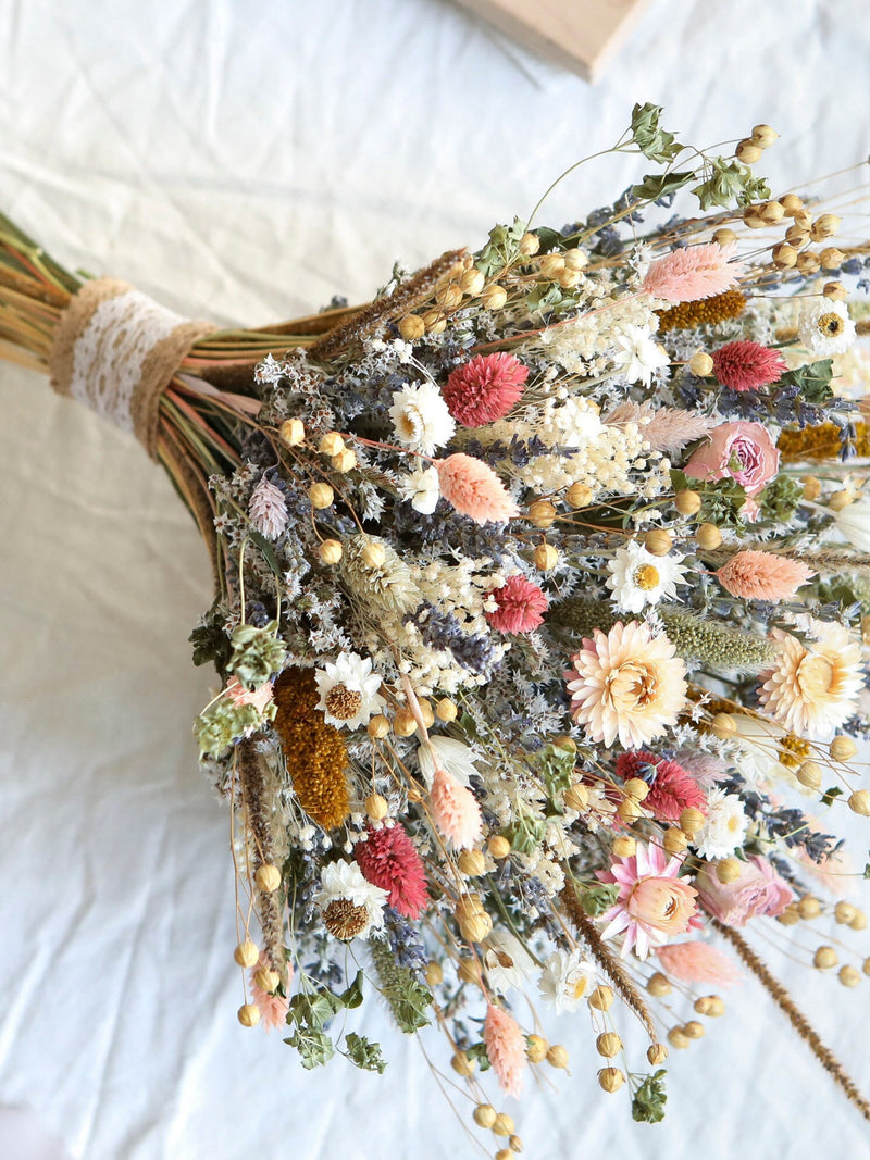 Peach & Lavender Dried Flower Bouquet: Boho Bridal Decor Bouquet