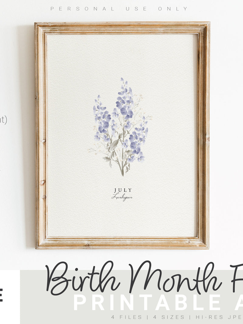 July Birth Month Flower Printable, Watercolor Larkspur, Digital Greeting Card, Printable Wall Art, Mother's Day Gift, INSTANT DOWNLOAD birthday flower