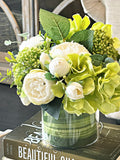 White peonies in glass vase, Faux silk flowers centerpiece, green hydrangea, berry clusters, real touch artificial floral arrangement decor silk flower