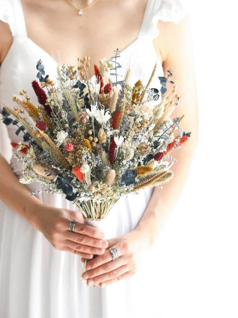 Boho Dried Flower Bridal Bouquet: Eucalyptus, Bunny Tails Bouquet