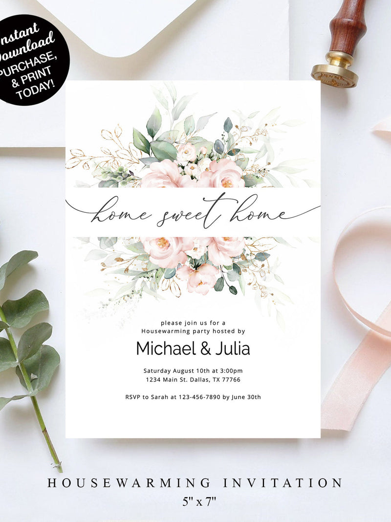 Blush Housewarming Party Invitation, Floral Home Sweet Home House Warming Invitation, Editable Printable Digital Housewarming Template house warming flower