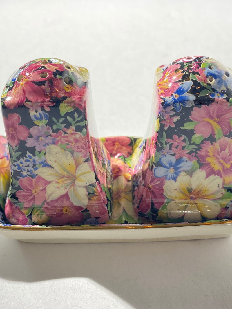 ROYAL WINTON Grimwades Florence chintz salt and pepper shaker with tray England vintage 1950s flower floral crazing gold rim 3-piece set flower spore