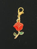 Lovely red rose zipper pull charm, lobster clip, jacket, schoolbag, pencilcase, bracelet, handbag, purse, gold coloured metal symbol of love Love Romance Flower