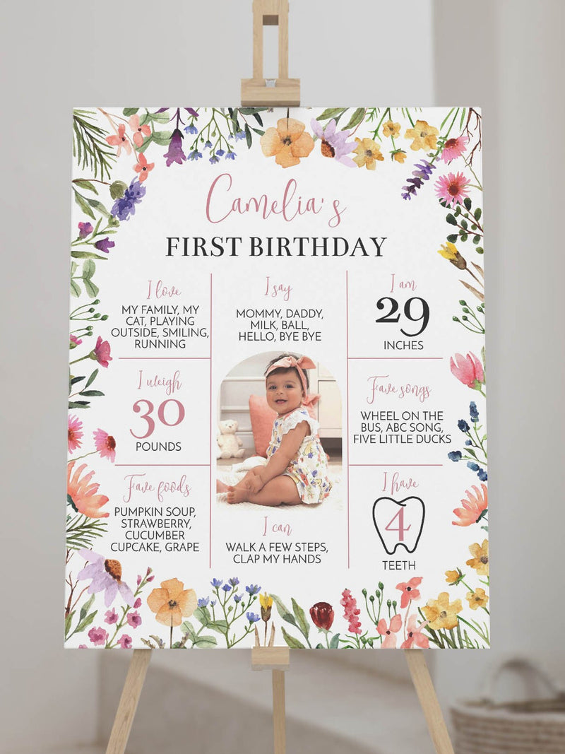 EDITABLE 1st Birthday Milestone Photo Sign, Wildflower Birthday Girl Milestone Poster, Floral Birthday Chalk Board, Printable. W011 birthday flower