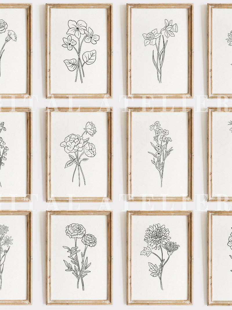 Birth Month Flower Print Art Set Idea Instant Printable for Mom Grandma Digital Artwork Birth Line Art Tattoo Print Decor Wall Art Set | S01 birthday flower