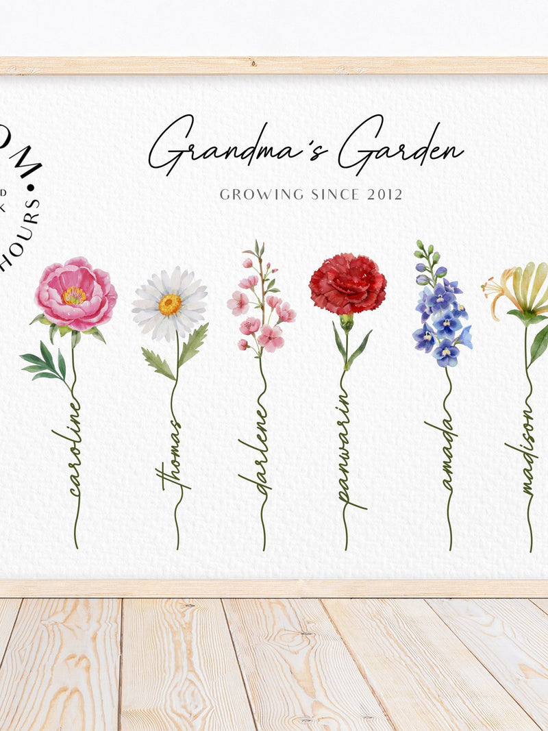 Grandma's Garden Print Personalised Our Family Print Custom Family Art Personalised Gift For Grandma Nana Custom Birth Flower For Grandma sympathy flower