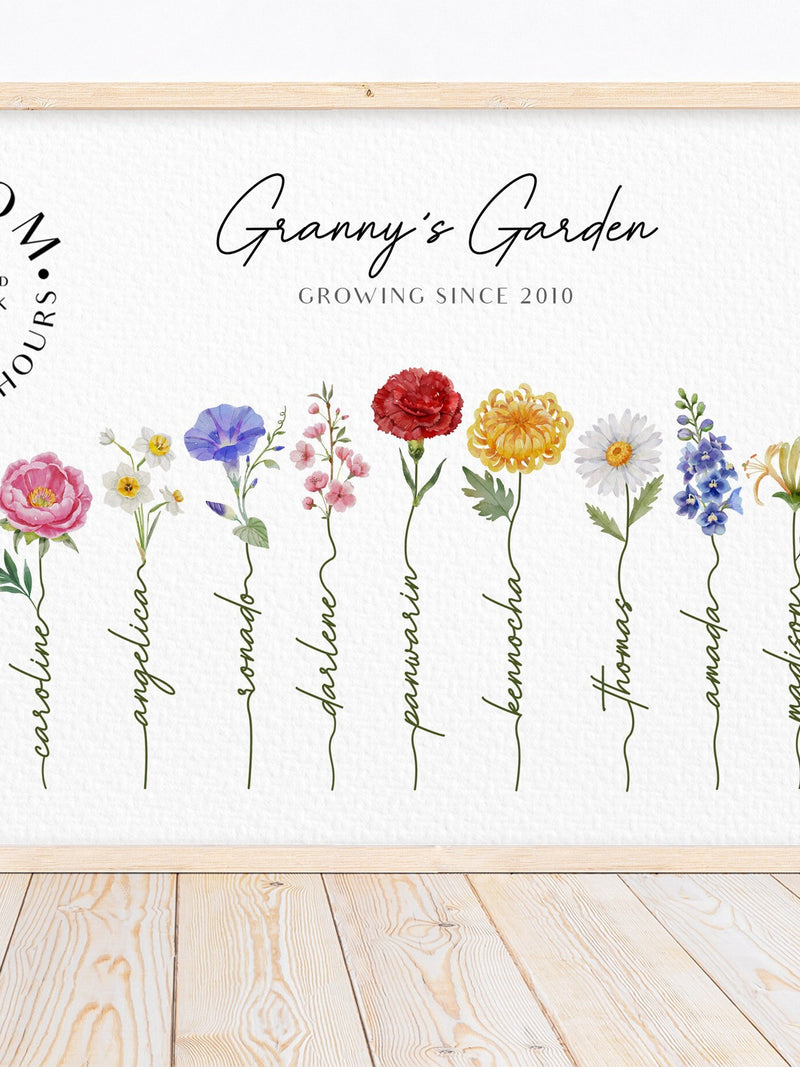 Custom Family picture art print mothers day floral bouquet watercolor birth month flower Birthday gift portrait granny garden personalized birthday flower