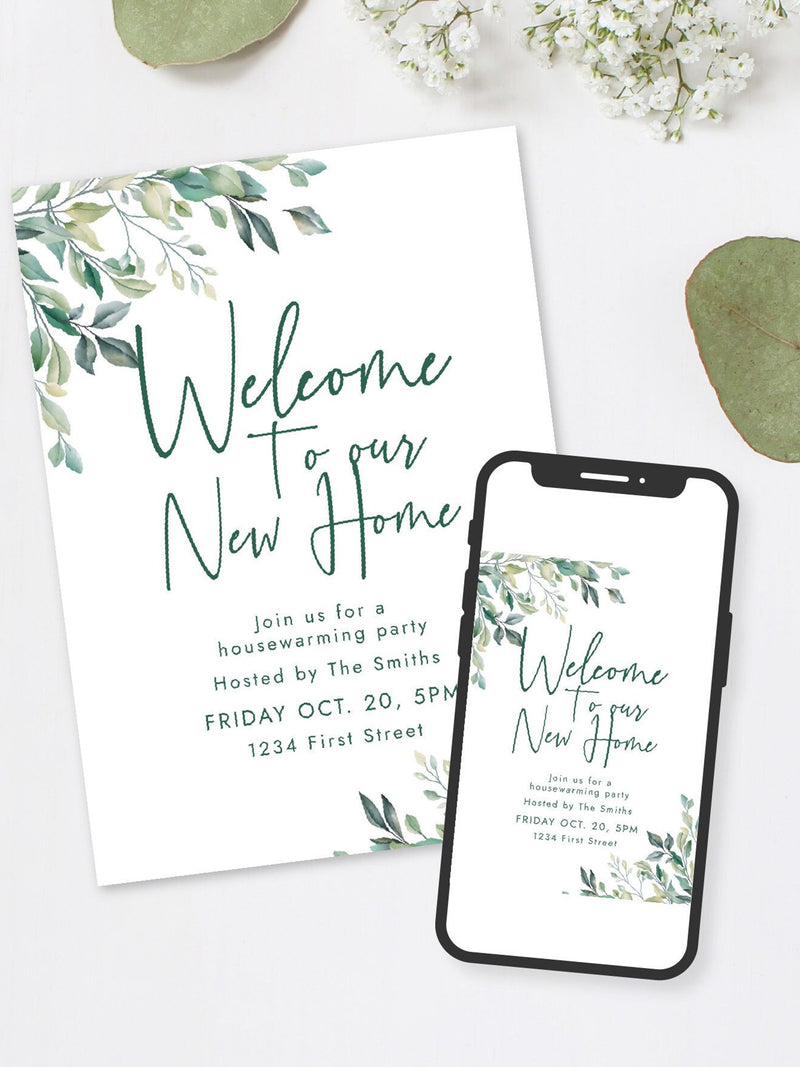 Welcome to Our New Home - Housewarming Invitation with Greenery Template -  Instant Edit and Download house warming flower