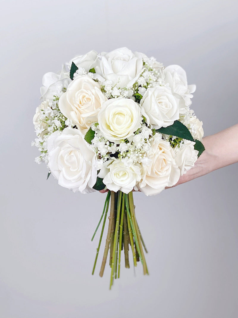 Baby's Breath and Rose Wedding Bouquet, White and Ivory Bridal Bouquet, Rustic Wedding Flower, Made with Rose and Baby's Breath Bouquet
