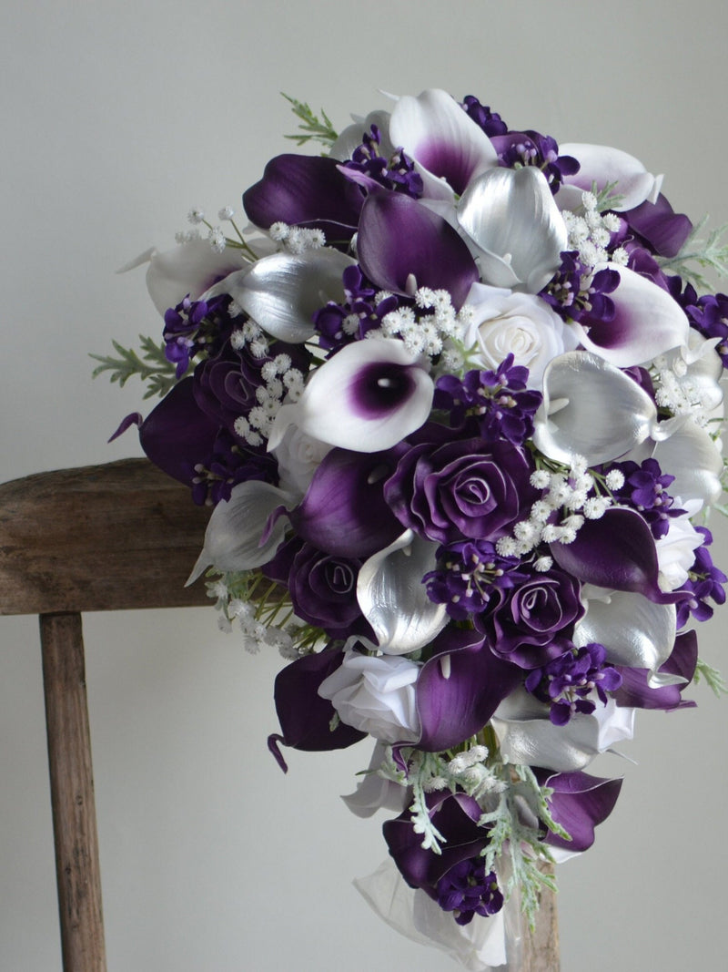 Faux Silver Purple Flowers Cascading Bridal Bouquet, Plum Bridesmaids Bouquet, Real Touch Calla Lily, Rose, Handmade Bouquet/Corsages wedding flower