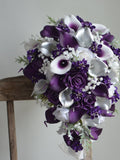 Faux Silver Purple Flowers Cascading Bridal Bouquet, Plum Bridesmaids Bouquet, Real Touch Calla Lily, Rose, Handmade Bouquet/Corsages wedding flower
