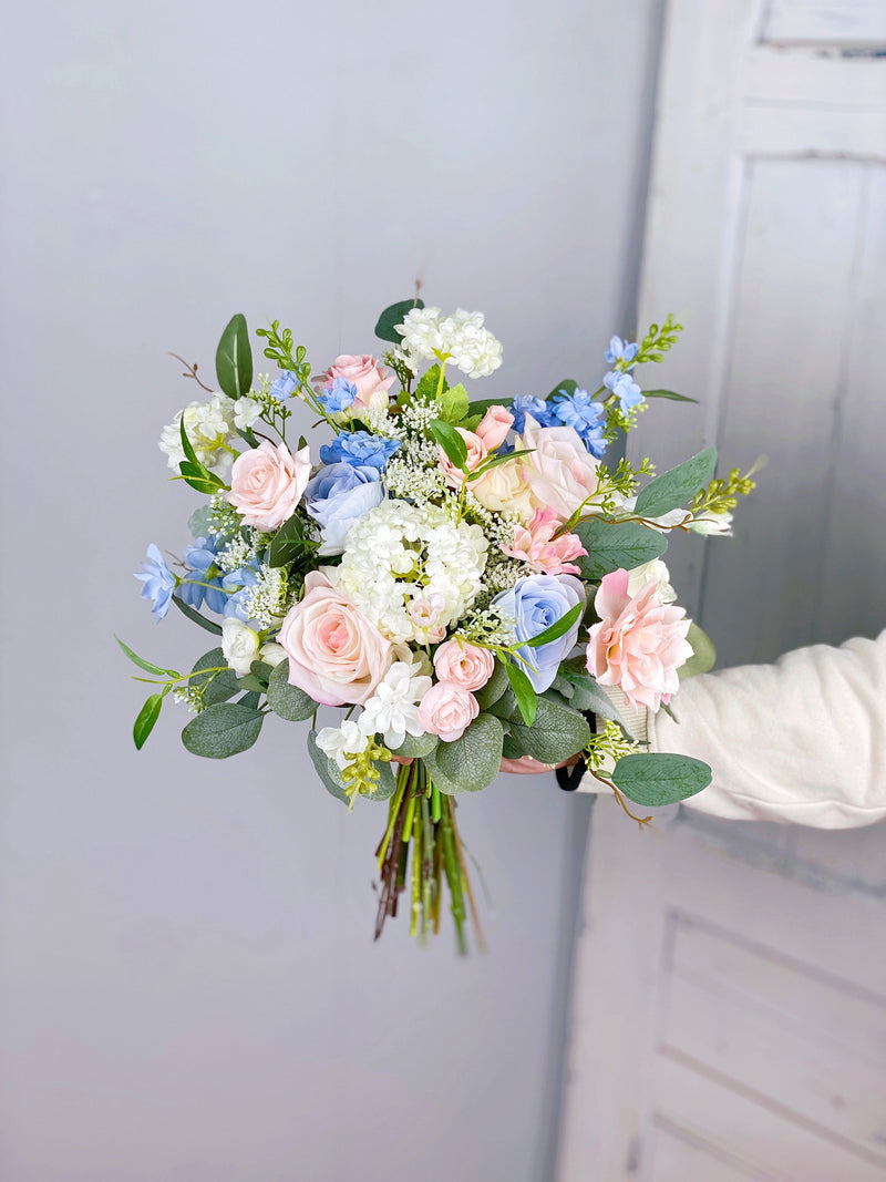 Boho Bridal Bouquet, Blush Pink and Blue Wedding Bouquet, Wedding Flower Bouquet,  Design in Rose, Ranunculus and Delphinium Bouquet