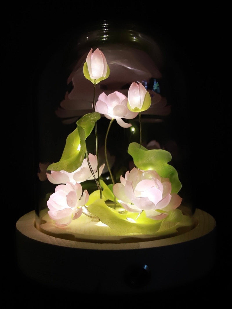 Handmade Lotus Flower Night Light, Water Lily Pond Fairy Light, Glass Dome Floral Lamp, Goldfish Lantern, Eternal Flower Gift for Loved Ones house warming flower