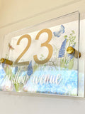 House Sign Wall Floral Cottage Door Number Street Name Plaque Acrylic Dual Layer Pretty Wildflowers house warming flower
