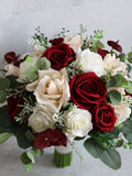 Fake Flowers Burgundy Ivory Wedding Bouquet, Rose Pink Boho Bouquet, Bridal Bridesmaids Bouquet, Eucalyptus, Real Touch Fake Flowers Bouquet