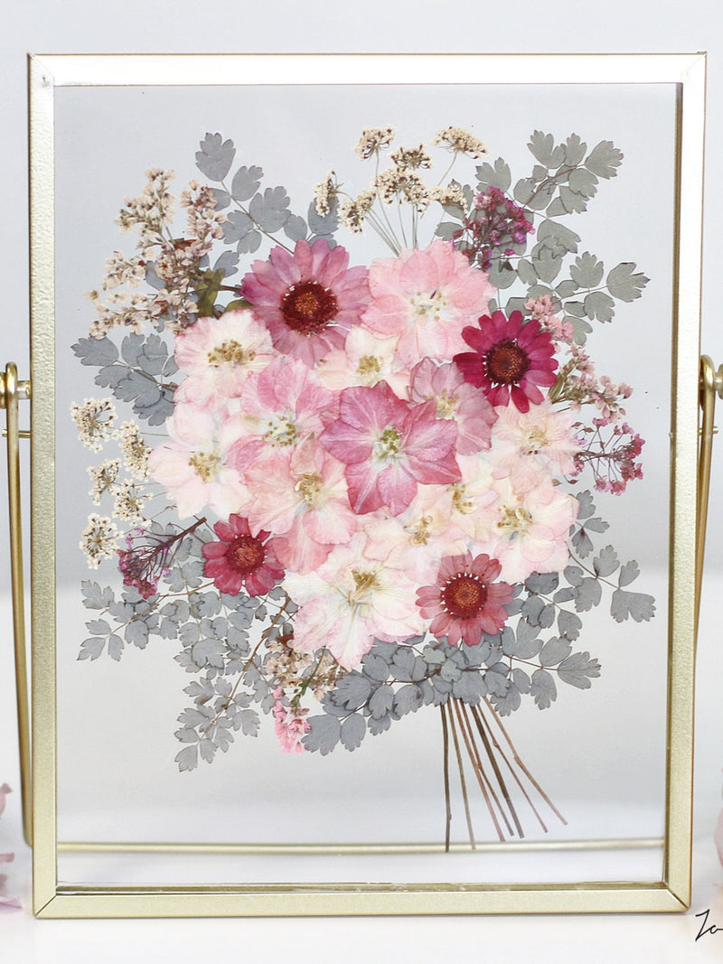 Pink flowers bouquet Pressed flower Herbarium frame, Pressed flower botanical floating Frame, house warming gift, birthday gift, wall decor house warming flower