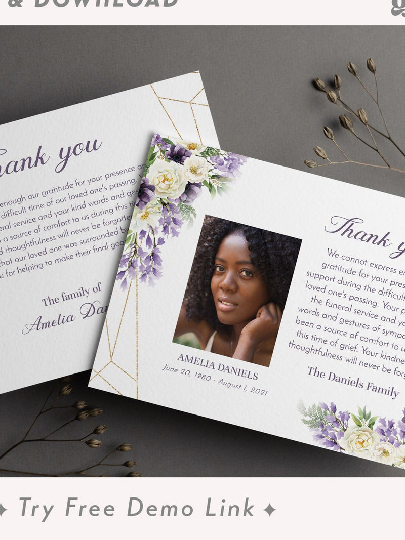 Floral Memorial Thank You Photo Card, Editable Funeral Acknowledgement Card TEMPLATE, Sympathy Stationery for Woman, DIY, Purple Flowers FU1 sympathy flower