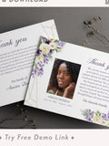 Floral Memorial Thank You Photo Card, Editable Funeral Acknowledgement Card TEMPLATE, Sympathy Stationery for Woman, DIY, Purple Flowers FU1 sympathy flower