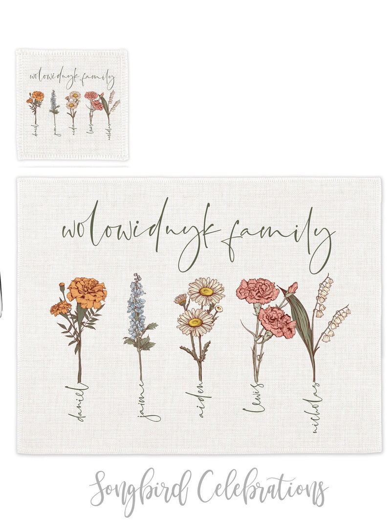 Personalized Family Birth Flower Placemats and Coasters Set, Custom Family Home Decor, Matching Family Custom Place Mats, Hostess Gift Host house warming flower