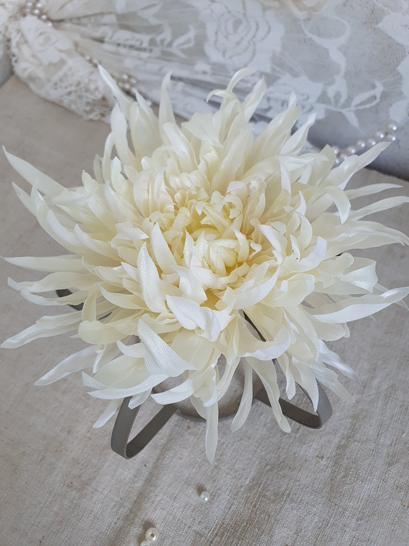 Large Creamy White Satin Chrysanthemum Brooch: Handmade Fabric Flower Pins, Wedding Corsage Brooch silk flower