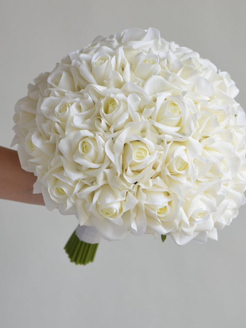 Faux Flowers Bouquet, Cream White Real Touch Roses Bridal Bouquet, Bridesmaids Wedding Bouquets, Ivory Roses Boutonieres, Wrist Corsages Bouquet
