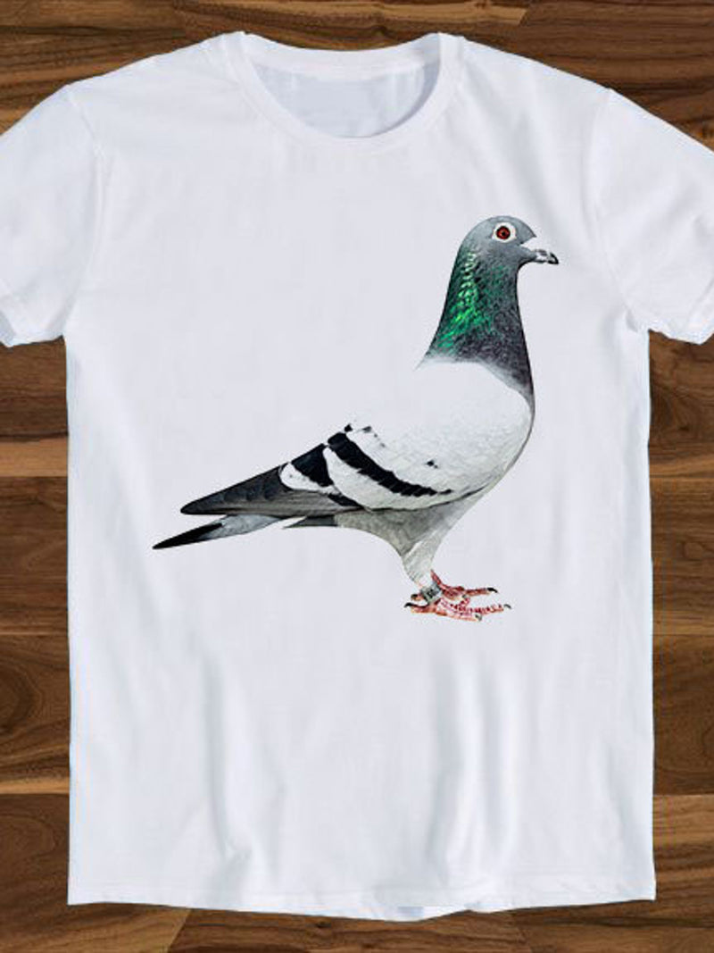White T-shirt with a realistic pigeon graphic on the chest