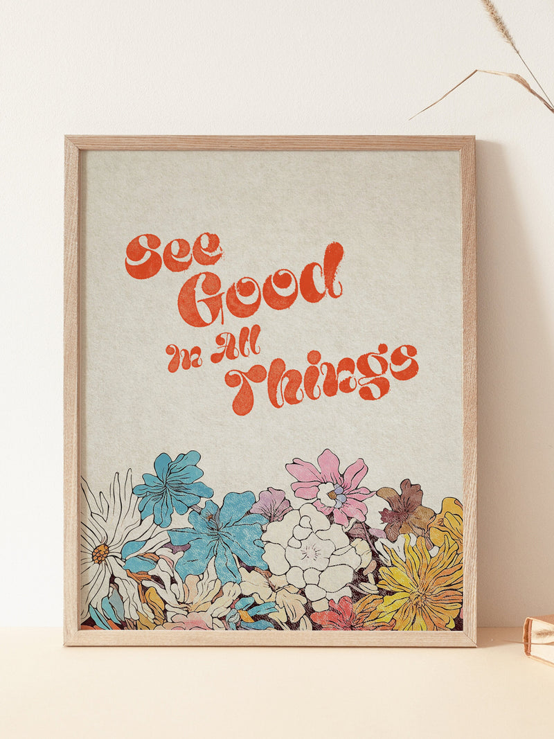 See The Good In Things Design PRINTABLE, Graphic Design Art, Vintage Poster, Artsy Gift, House Warming Gift, Flowers Pink, Red, White house warming flower