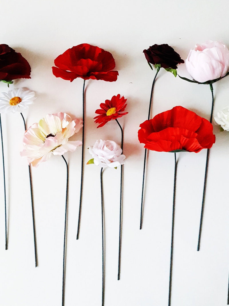 Artificial Flower Blossoms - Silk Bouquet, Poppy, Rose, Peony Heads, Wire Stems, Pink, White, Red, Burgundy Arrangement, Everlasting silk flower