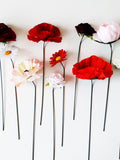 Artificial Flower Blossoms - Silk Bouquet, Poppy, Rose, Peony Heads, Wire Stems, Pink, White, Red, Burgundy Arrangement, Everlasting silk flower