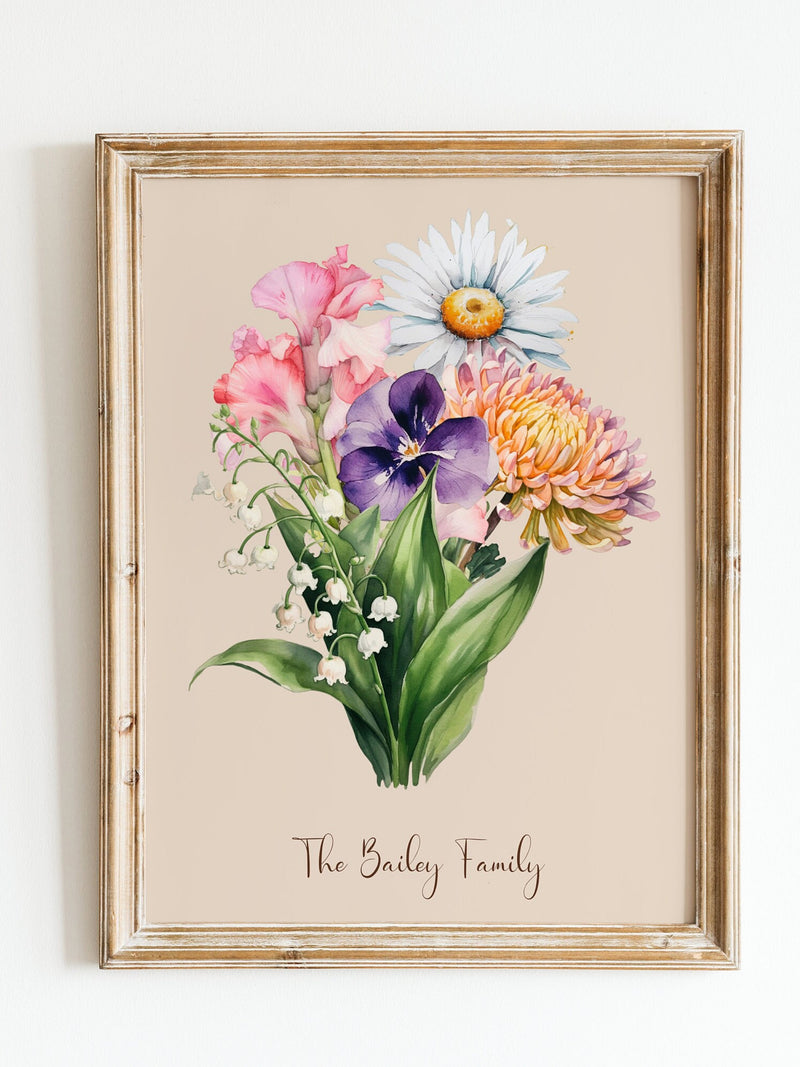 Custom Family Birth Month Flower Print, Personalized Family Flower Bouquet, Gift for Mother, Gift for Grandmother, Printed or Digital birthday flower