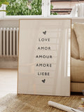 Love Amor Amour Amore Liebe Poster, Minimalist Wall Art, Romantic sign, couple gift, Romance Inspirational Quotes, Home decor, Heart, boho Love Romance Flower