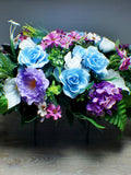 Blue & White Memorial Flower Saddle: Gravesite Tombstone Arrangement sympathy flower
