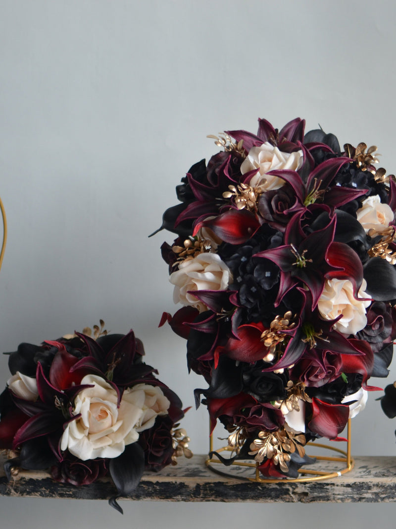 Burgundy Black Gold Beige Bridal Bouquet, Faux Real Touch Flowers, Fall wedding Halloween Wedding, Deep Purple Black Wedding Bouquet Bouquet
