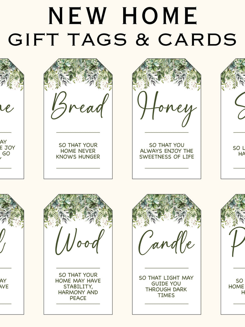 Traditional Housewarming Gift Basket Tags - Printable Greenery New Home Tags and Cards - New Home Owners Gift - Welcome Home Gift - PL90 house warming flower