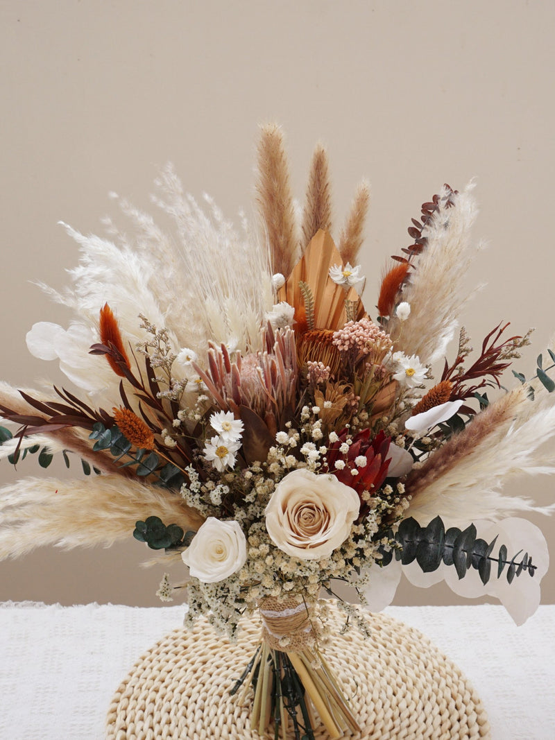 BOHO  wedding bouquet~eucalyptus~burnt orange~rust~TerraCotta~palm leaves~neutral~rose Pampas grass bride wedding flower