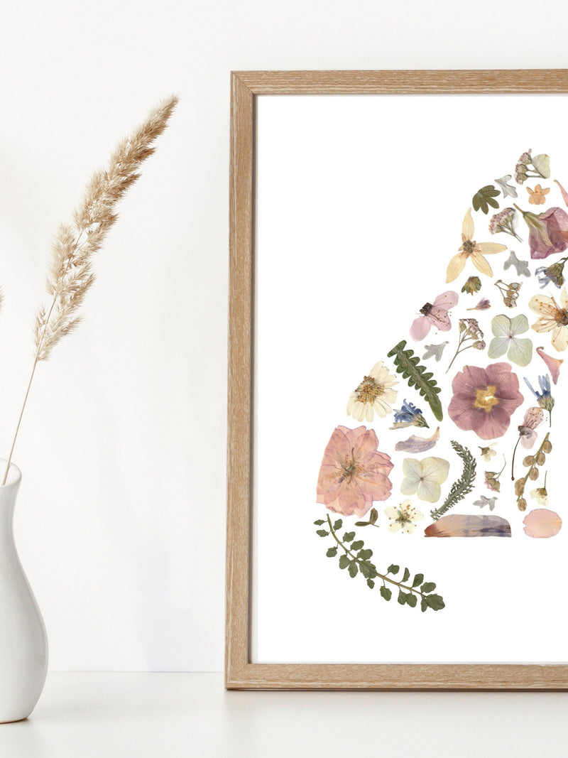 Pressed Flower Cat Art Print, Floral Pet Portrait, 8x10 or 5x7 sympathy flower