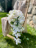 White Peacock Cascading Wedding Bouquet: Faux Orchid, Peony & Rose silk flower