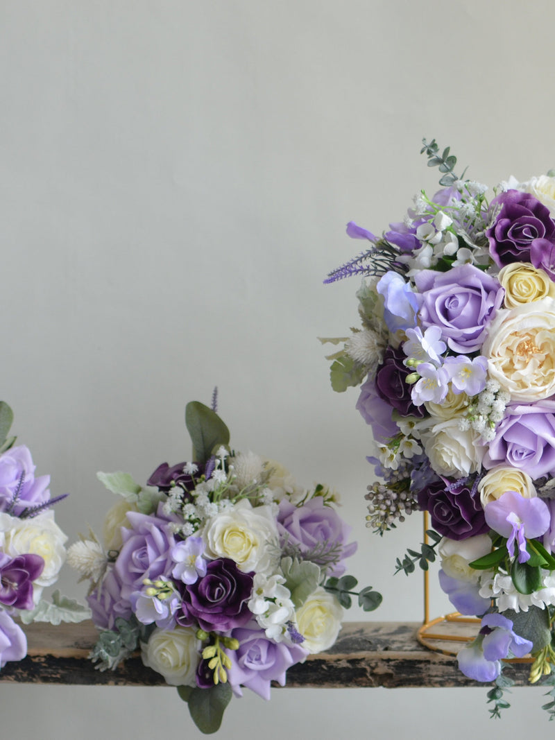 Artificial Lilac Lavender Purple Flowers Bridal Bouquet, Real Touch Roses, Bridesmaids Bouquet, Handmade Bouquet/Boutonniere/Wedding Corsage wedding flower