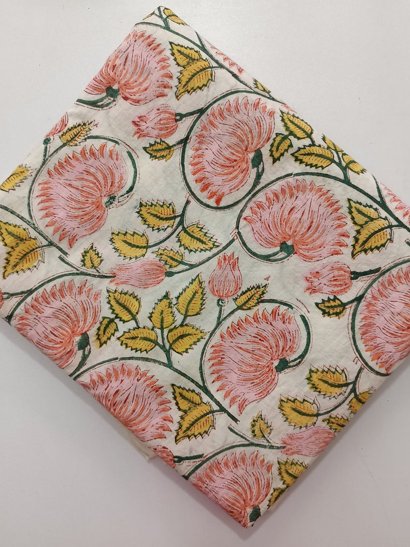 Hand Block Print Fabric,  pink and white floral Indian print fabric - 100% cotton cambric - hand block printed FLOWER DELIVERY