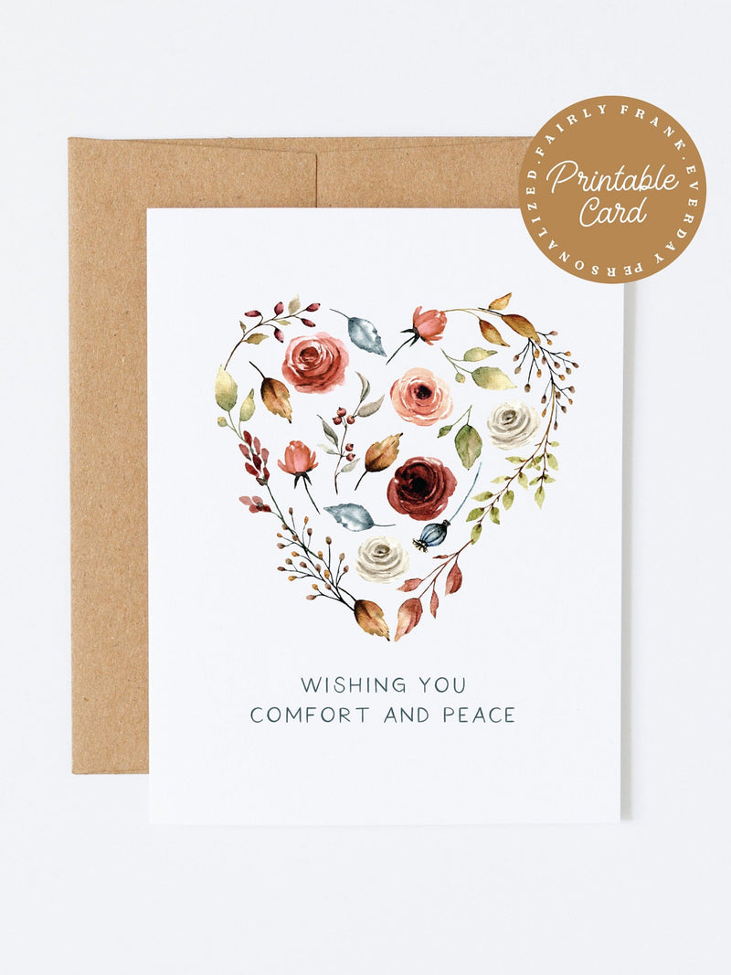 Sympathy Card Printable: Floral Heart, Comfort and Peace (Digital Download) sympathy flower